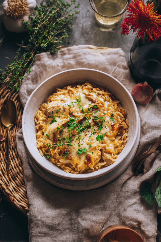 French Onion Orzo with Chicken