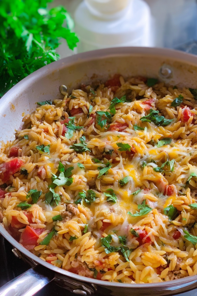 cheesy taco orzo skillet